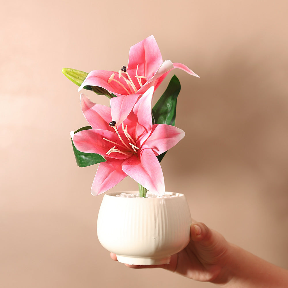 Lilies Artificial Potted Plant - Magenta Cream
