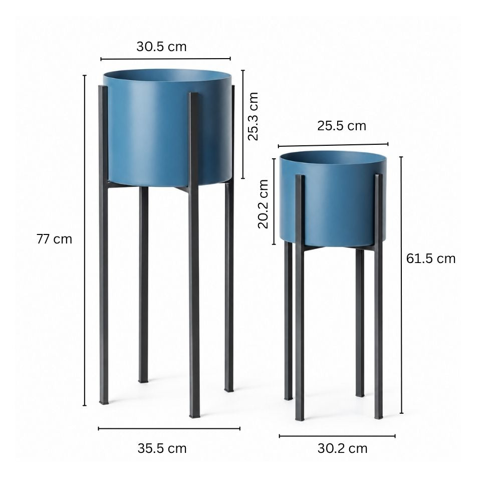 Lina Oval Planters with Metal Stands, Set of 2 - Aqua Blue