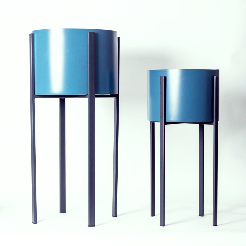 Lina Oval Planters with Metal Stands, Set of 2 - Aqua Blue