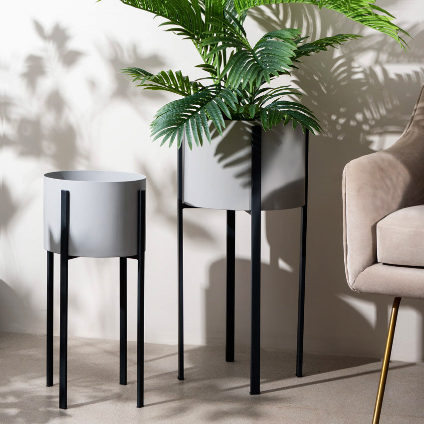 grey plant pot with stand ESQ Living Lina Oval Planters with Metal Stands, Set of 2
