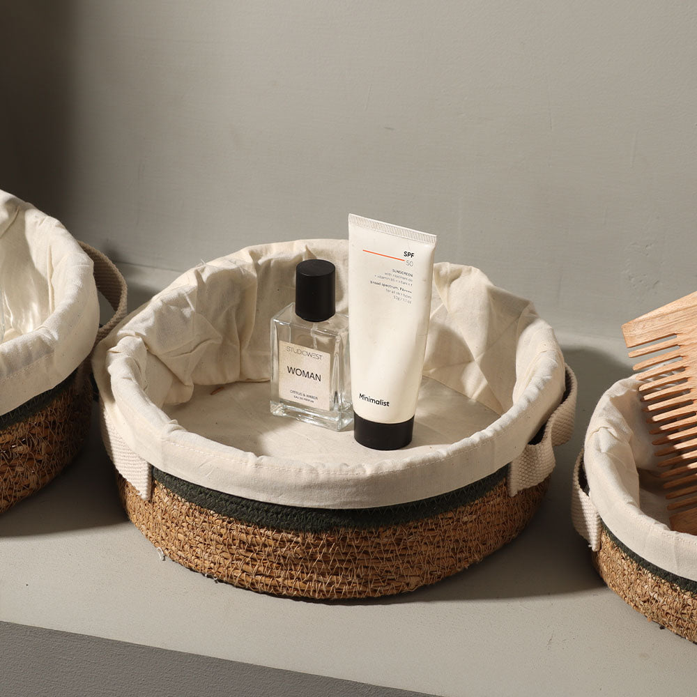 Lined Seagrass Round Storage Baskets, Set of 3 - Natural Olive
