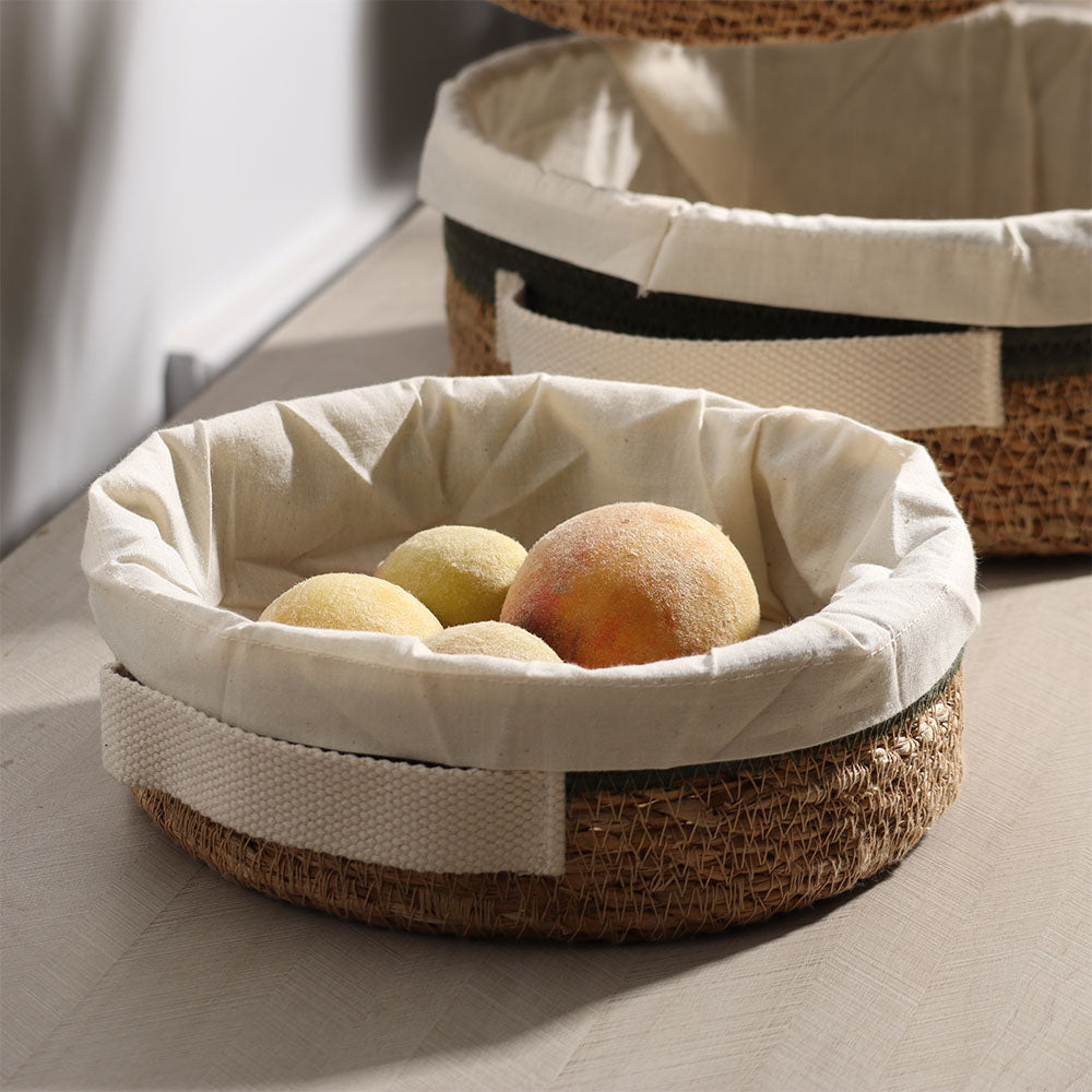 Lined Seagrass Round Storage Baskets, Set of 3 - Natural Olive