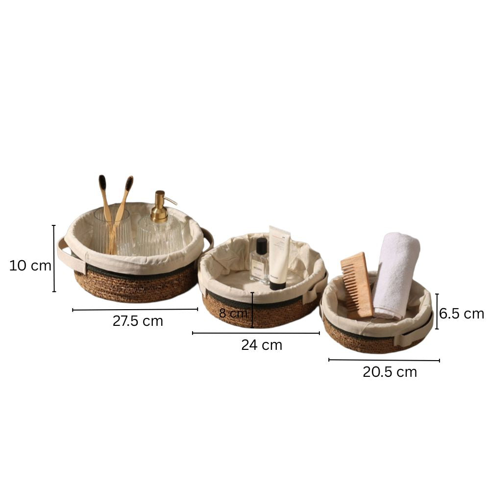 Lined Seagrass Round Storage Baskets, Set of 3 - Natural Olive