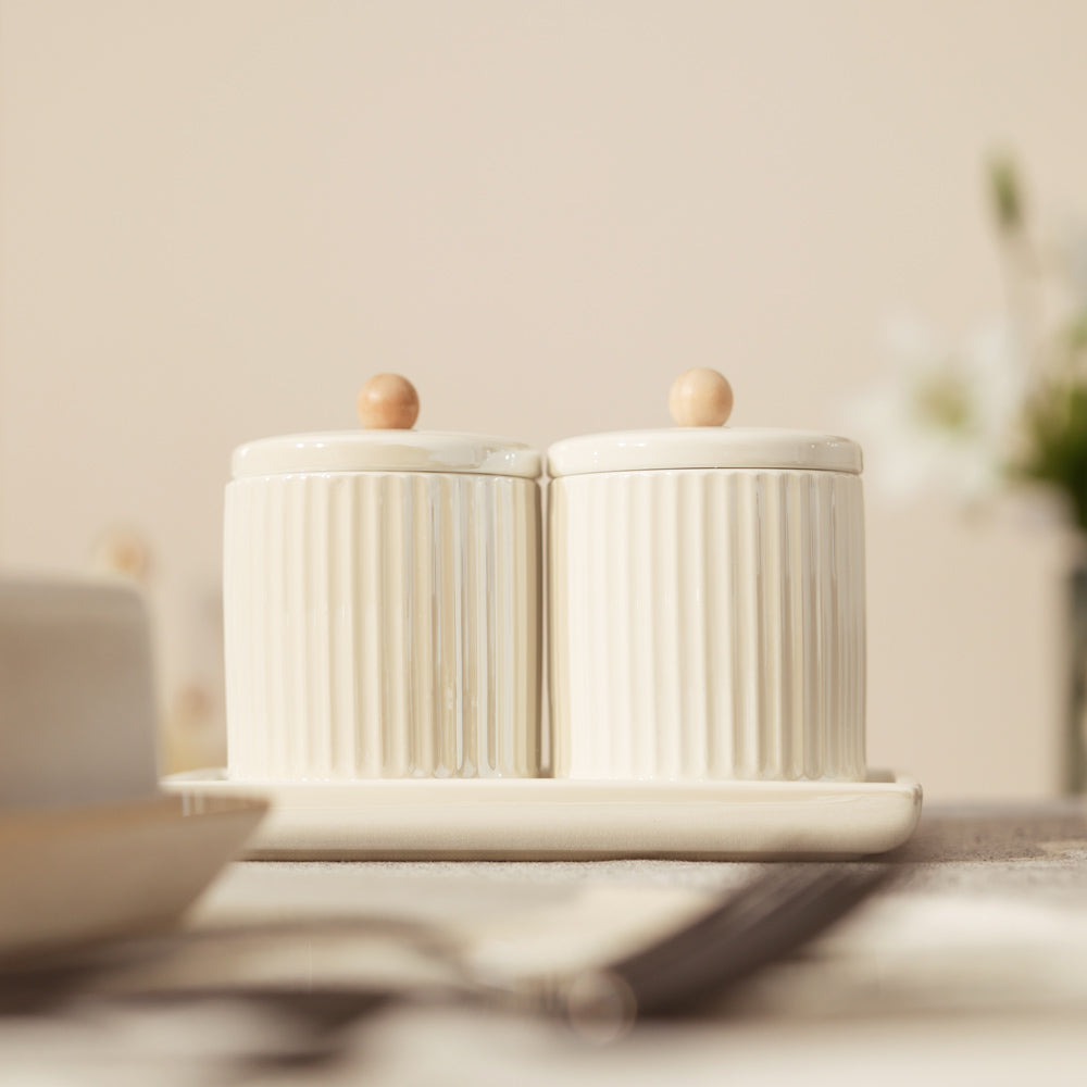 Lineo Ceramic Condiment Jars with Tray - Pearl White