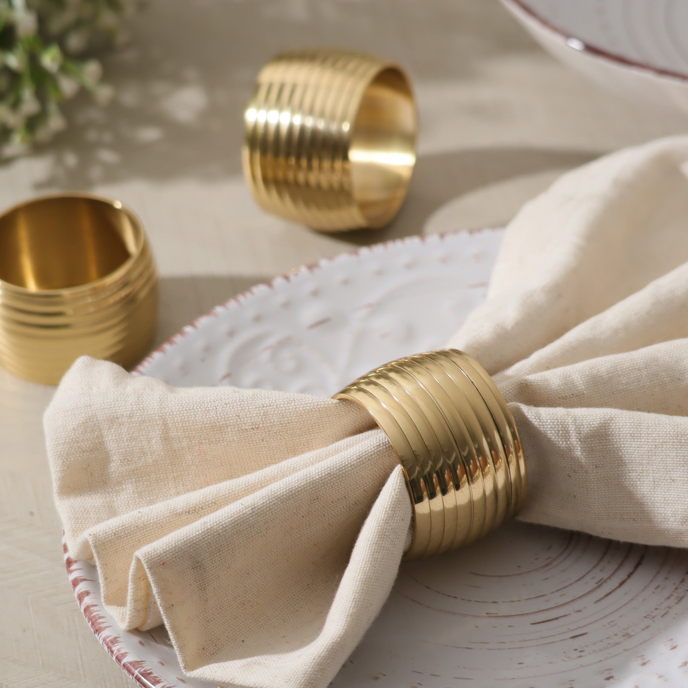 Lines Brass  Napkin Rings, Set of 6 - Gold