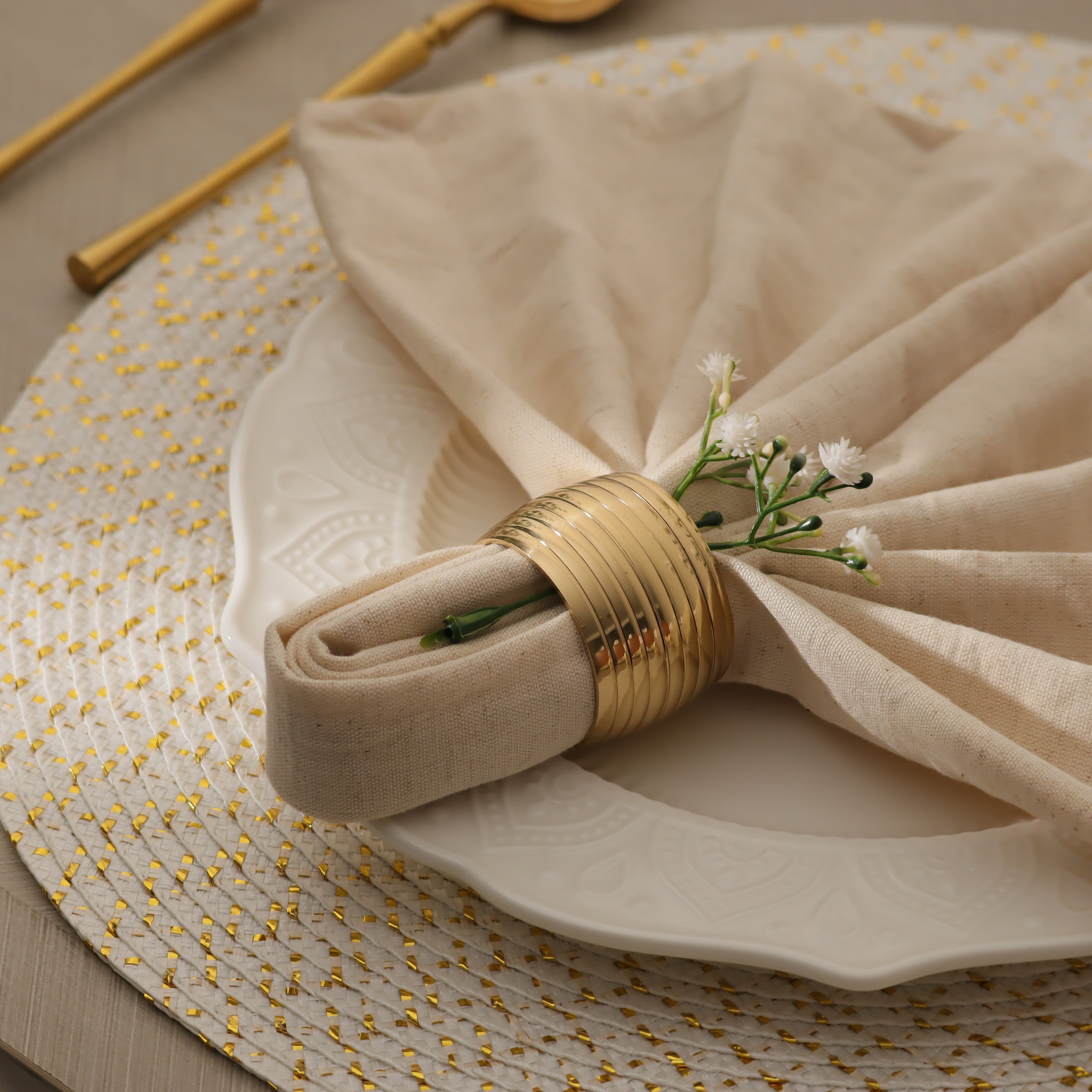 Lines Brass  Napkin Rings, Set of 6 - Gold