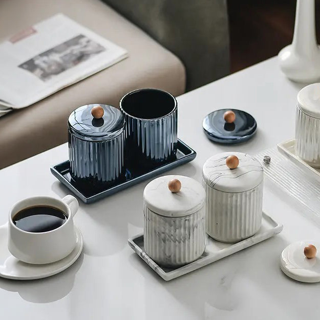 Lineo Ceramic Condiment Jars with Tray - Metallic Blue