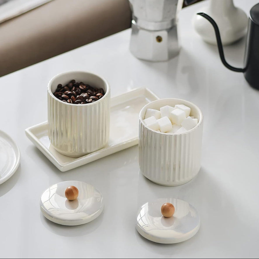 Lineo Ceramic Condiment Jars with Tray - Pearl White