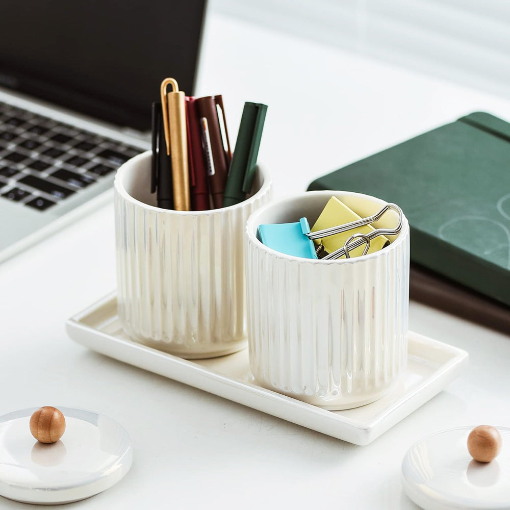 Lineo Ceramic Condiment Jars with Tray - Pearl White