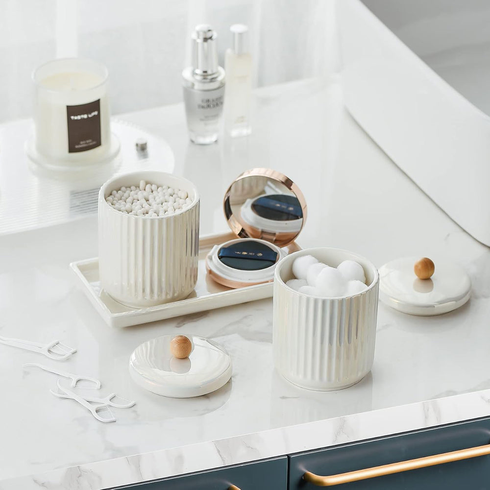 Lineo Ceramic Condiment Jars with Tray - Pearl White