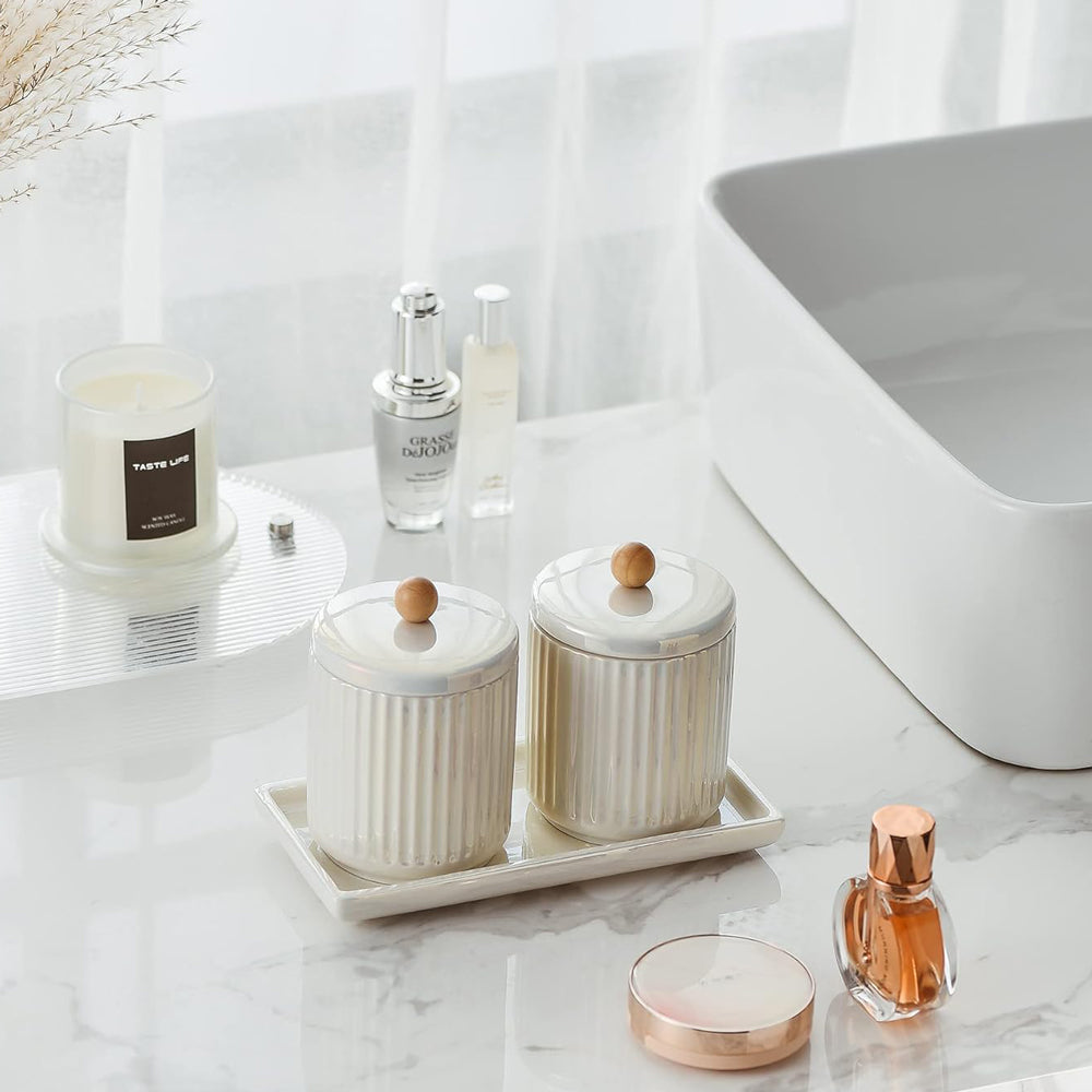 Lineo Ceramic Condiment Jars with Tray - Pearl White