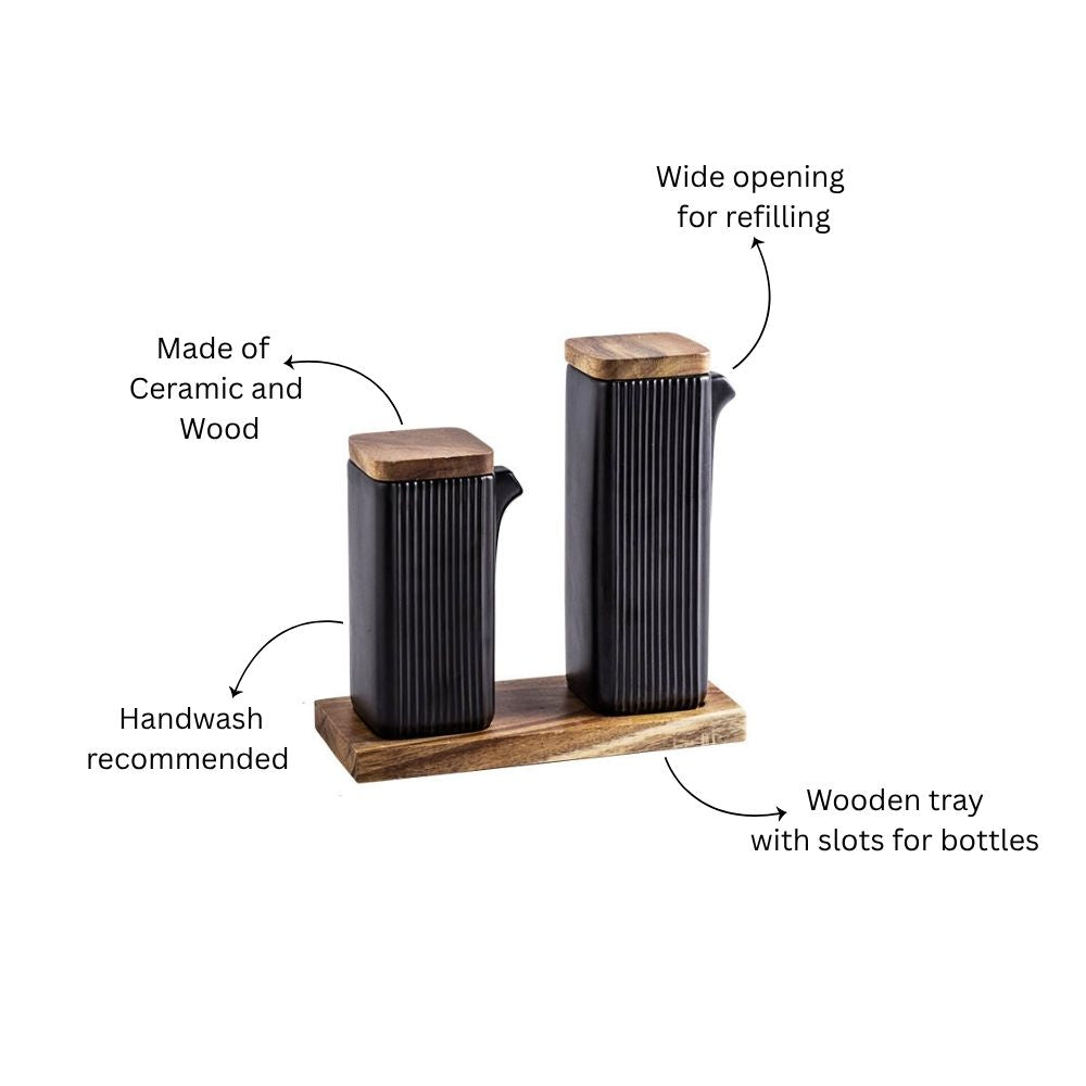 Lines Ceramic Oil & Vinegar Bottles with Tray - Black