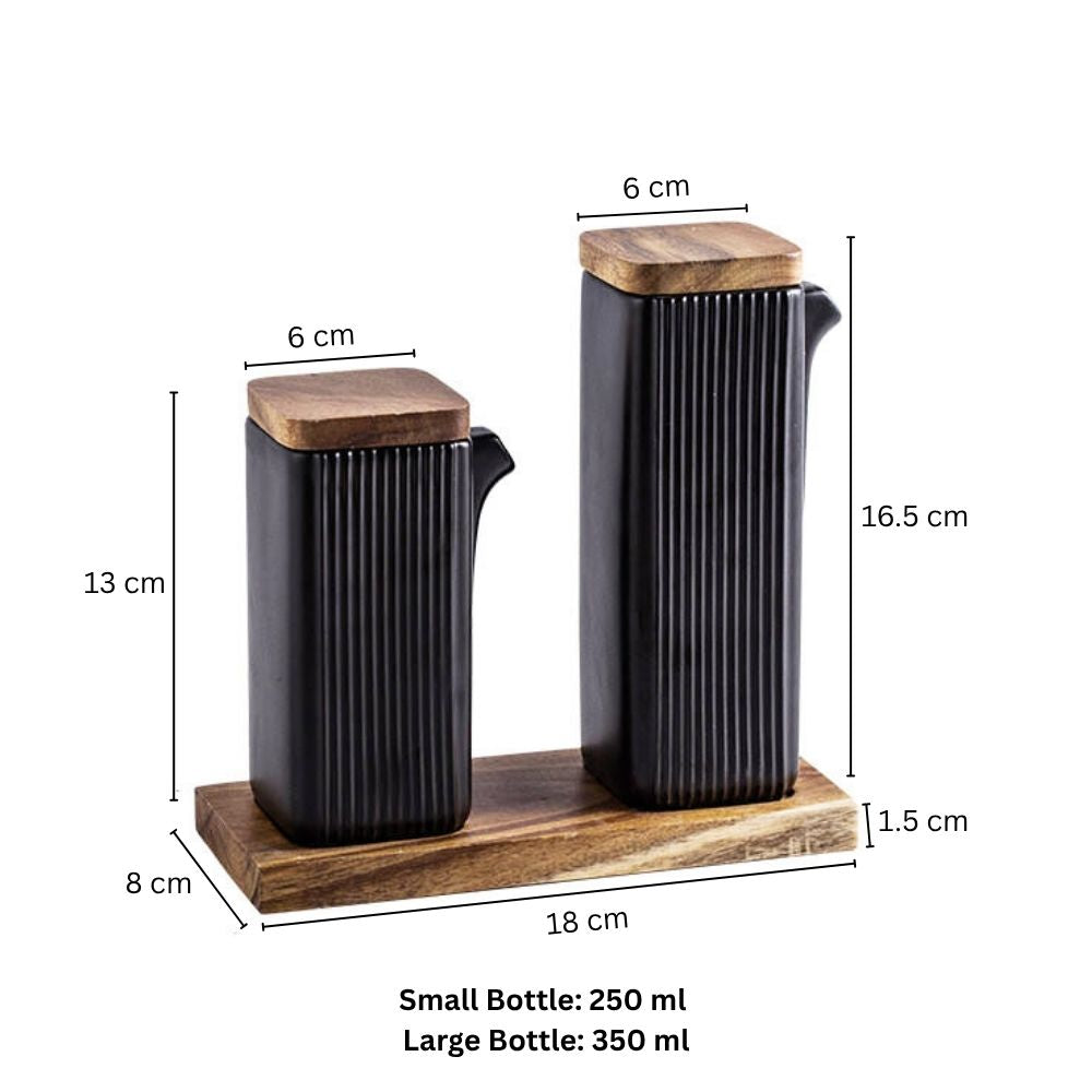 Lines Ceramic Oil & Vinegar Bottles with Tray - Black