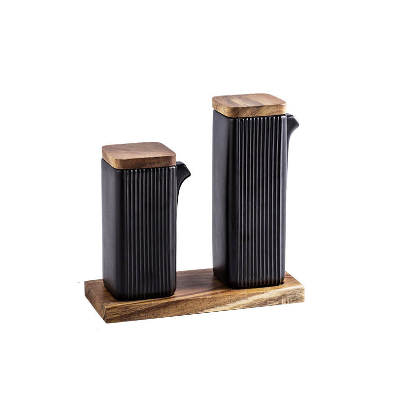 Lines Ceramic Oil & Vinegar Bottles with Tray - Black