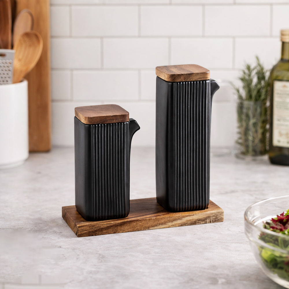 Lines Ceramic Oil & Vinegar Bottles with Tray - Black