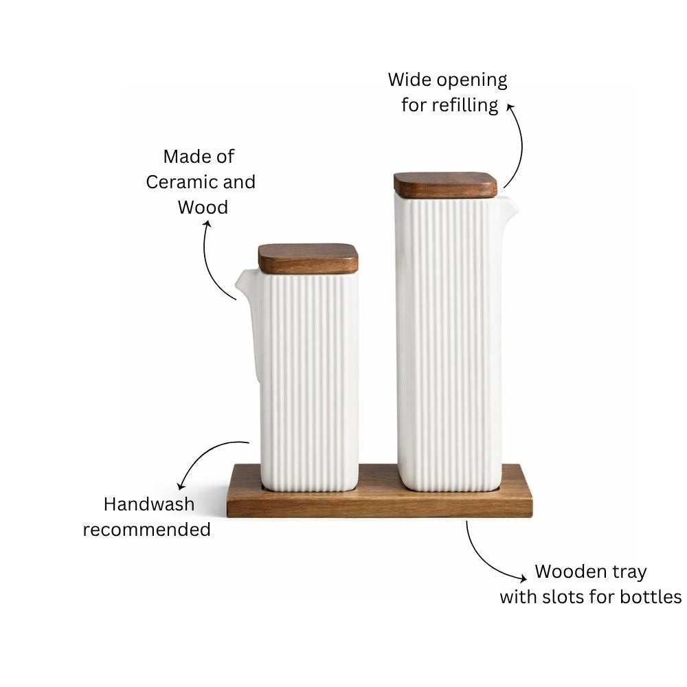 Lines Ceramic Oil & Vinegar Bottles with Tray - White