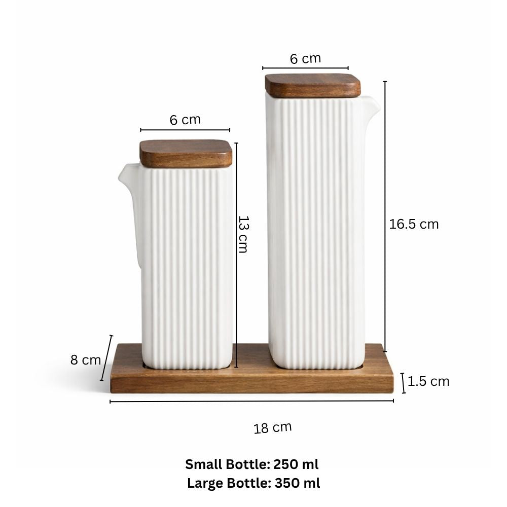 Lines Ceramic Oil & Vinegar Bottles with Tray - White