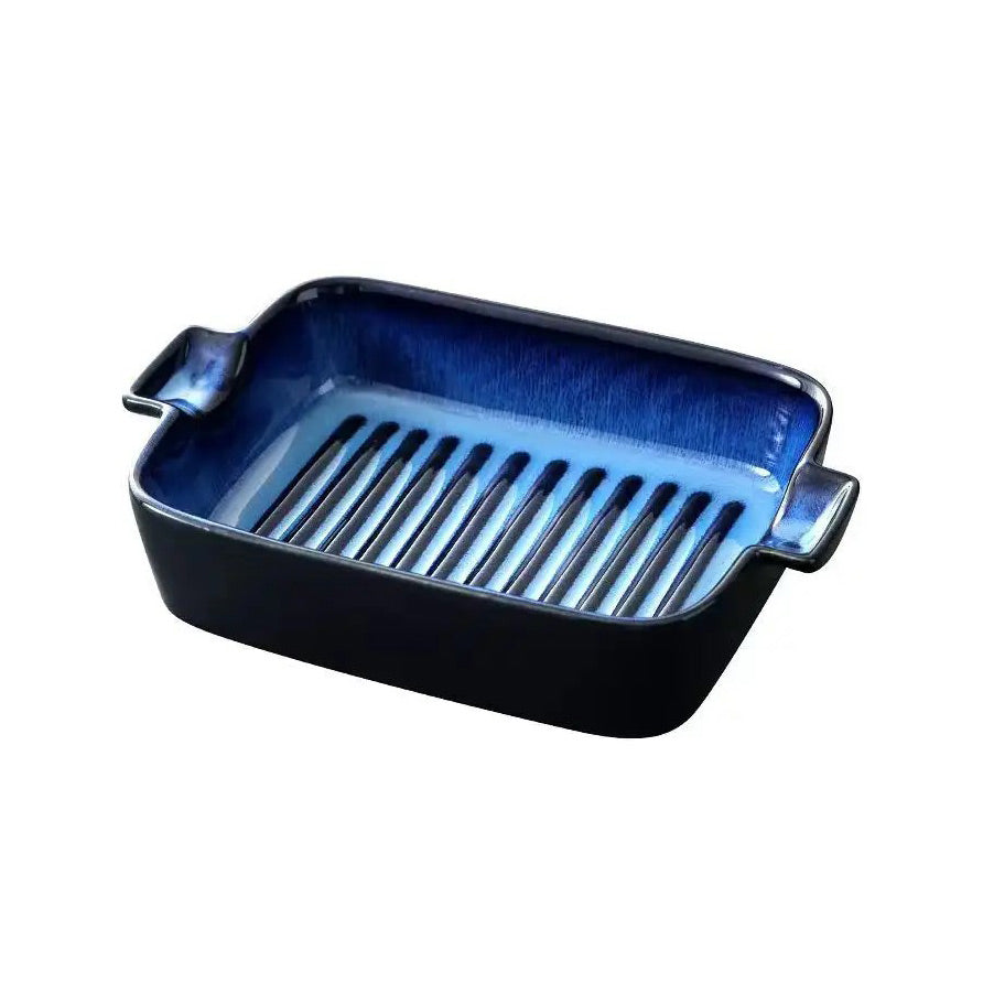 Lines Rectangular Ceramic Baking Tray - Blue