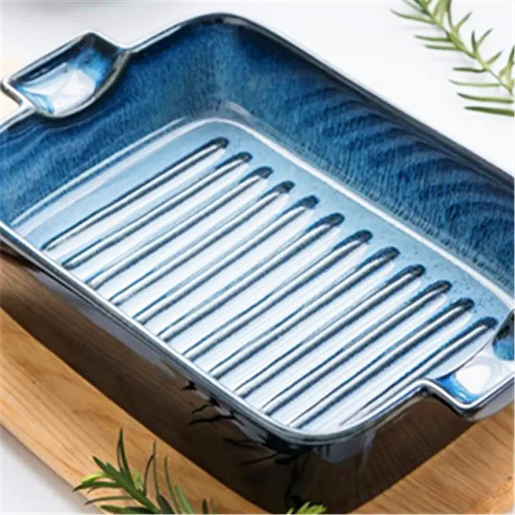 Lines Rectangular Ceramic Baking Tray - Blue