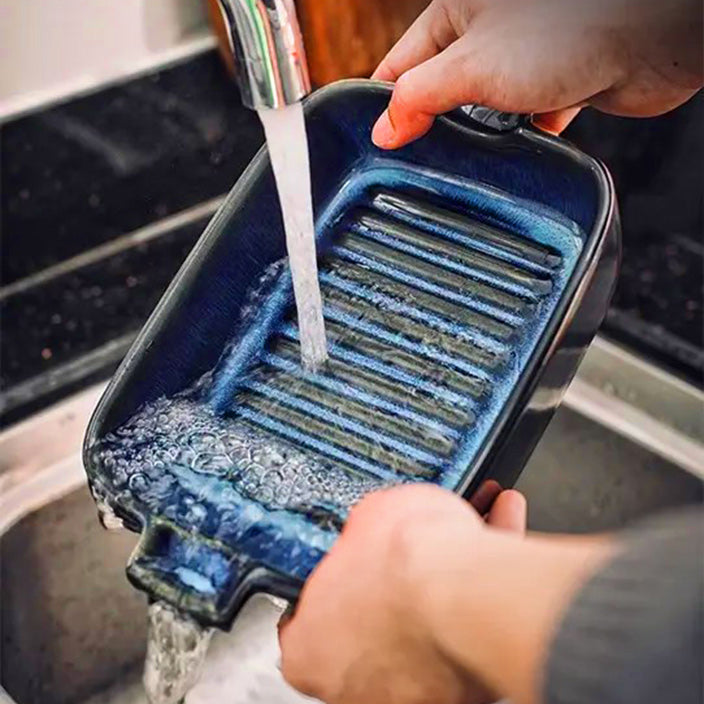 Lines Rectangular Ceramic Baking Tray - Blue