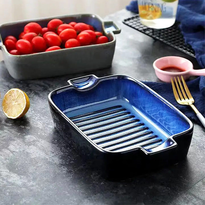 Lines Rectangular Ceramic Baking Tray - Blue