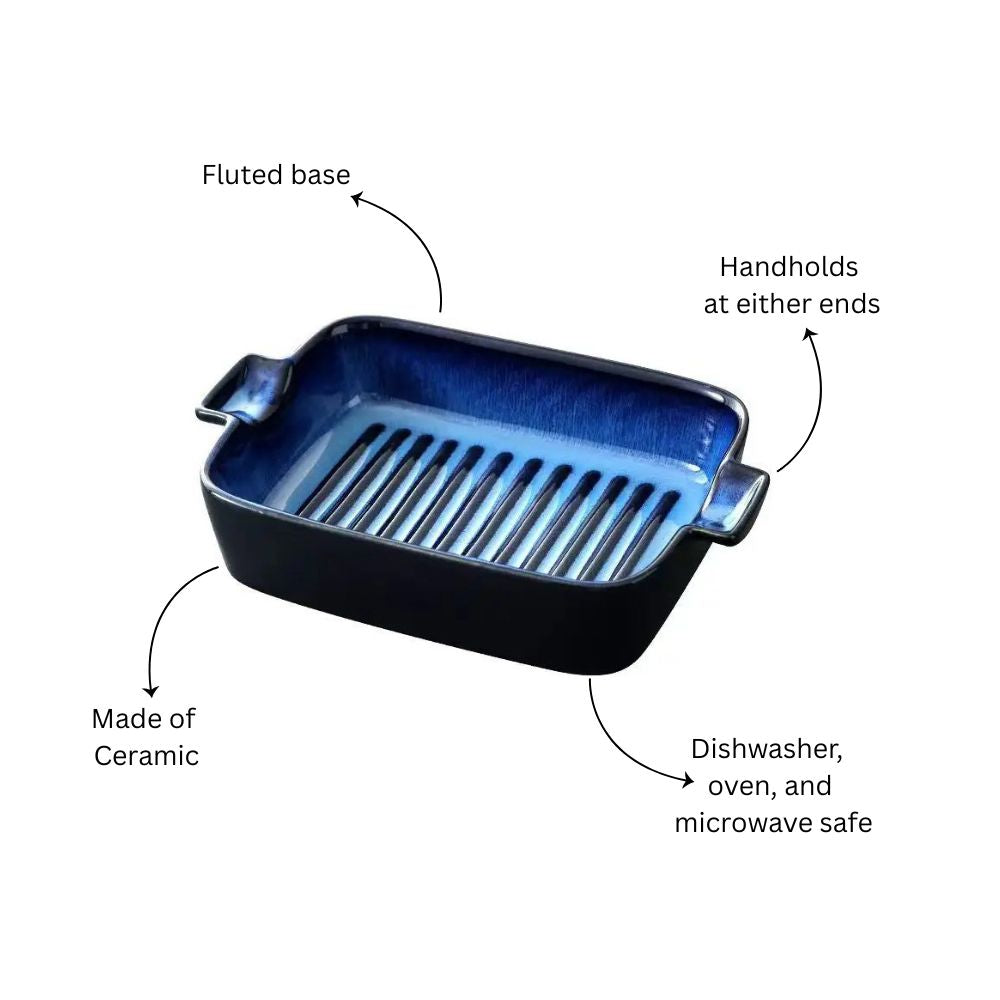 Lines Rectangular Ceramic Baking Tray - Blue