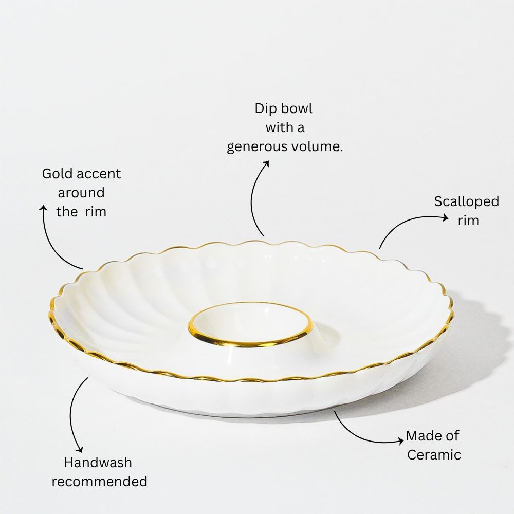 Lines Round Serving Plate With Dip Section - White