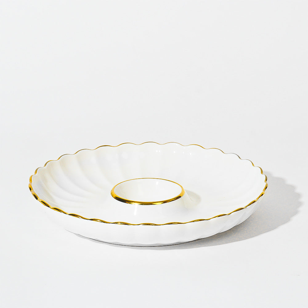 Lines Round Serving Plate With Dip Section - White