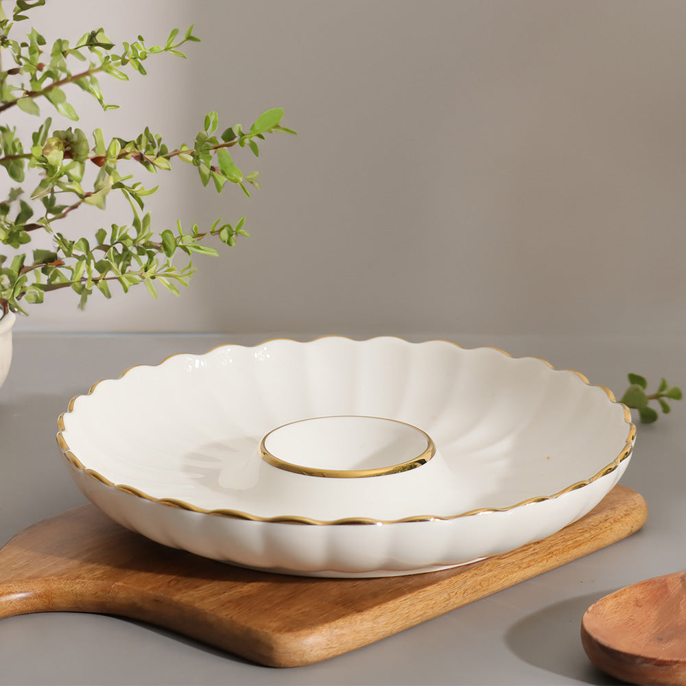 Lines Round Serving Plate With Dip Section - White