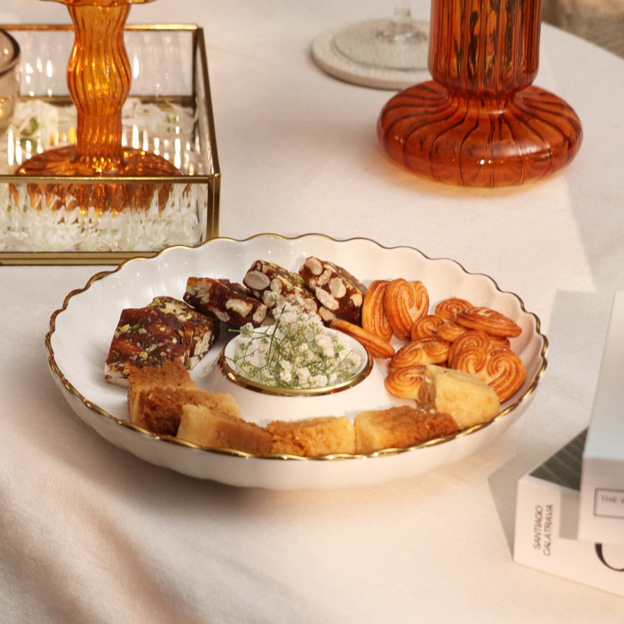 Lines Round Serving Plate With Dip Section - White