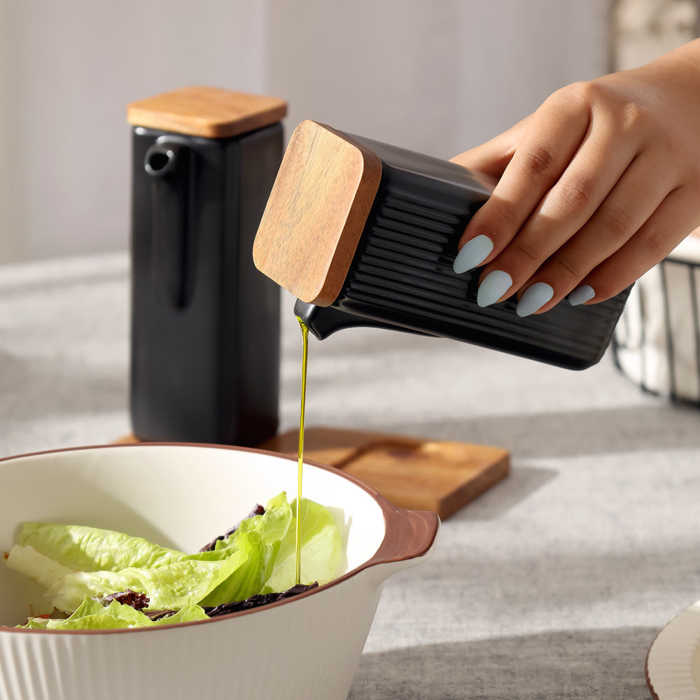 Lines Ceramic Oil & Vinegar Bottles with Tray - Black