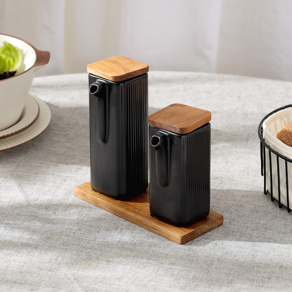 Lines Ceramic Oil & Vinegar Bottles with Tray - Black