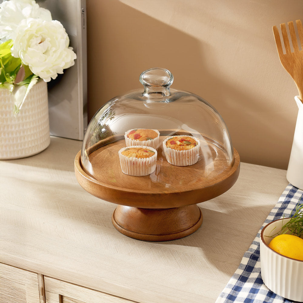 Livia Wooden Cake Stand with Glass Dome Medium