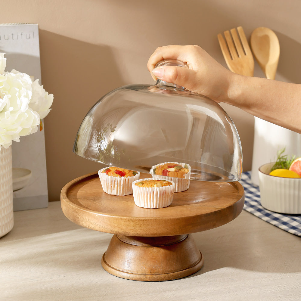 Livia Wooden Cake Stand with Glass Dome Medium