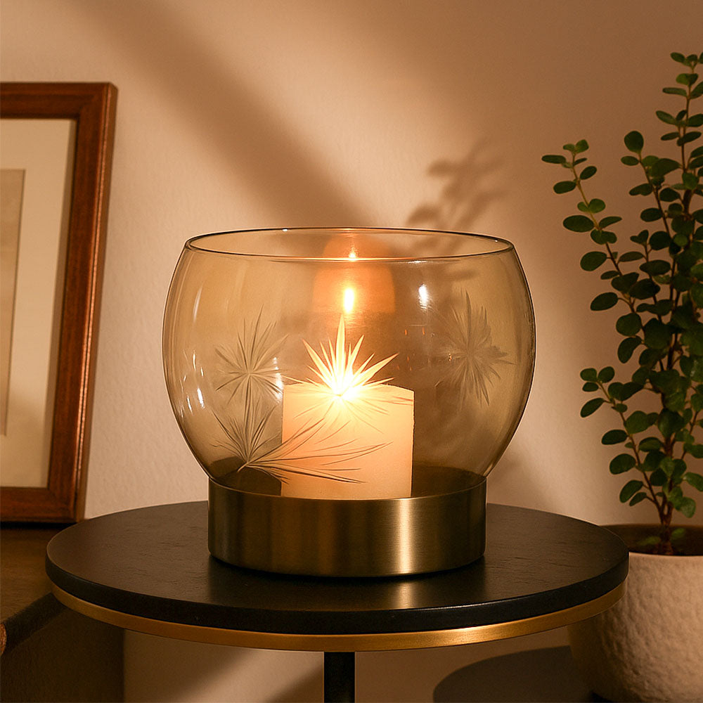 Lotus Glass Round Hurricane Large - Tinted Gold