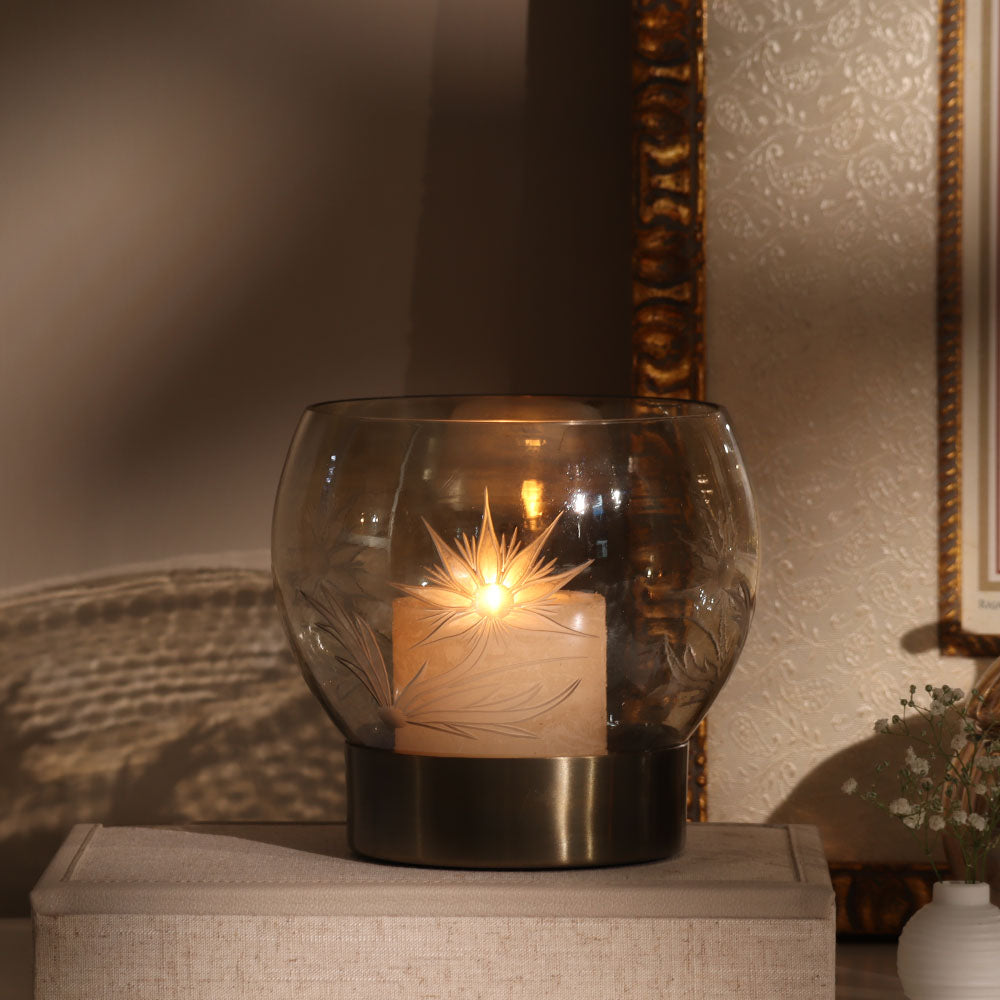 Lotus Glass Round Hurricane Large - Tinted Gold