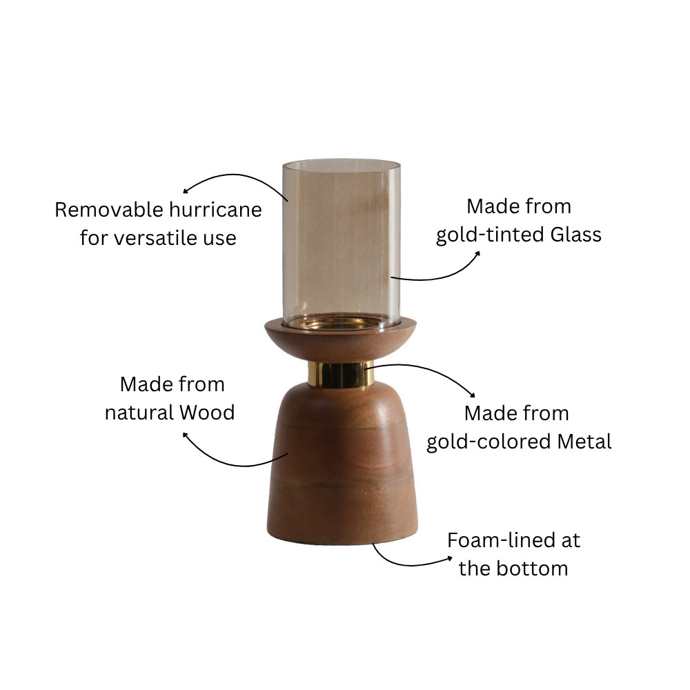 Luca Wooden Candlestand with Glass Hurricane Medium