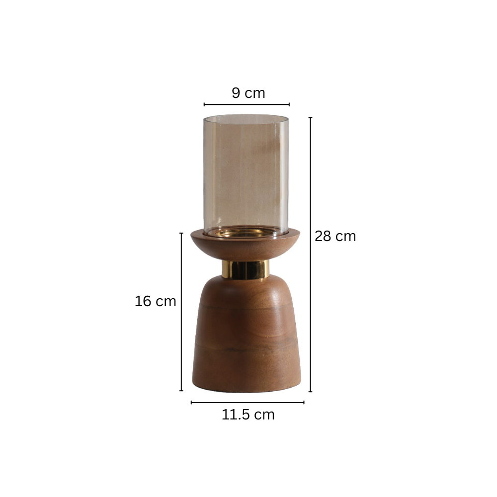 Luca Wooden Candlestand with Glass Hurricane Medium