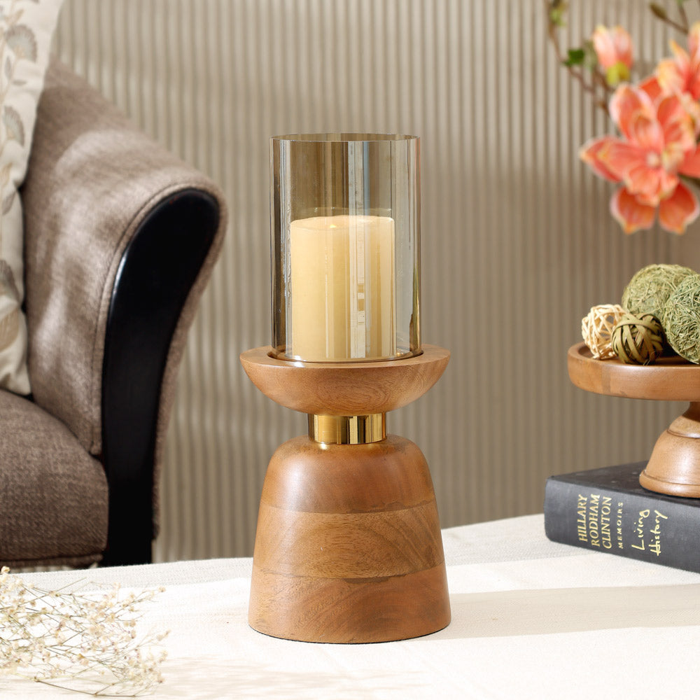 Luca Wooden Candlestand with Glass Hurricane Large