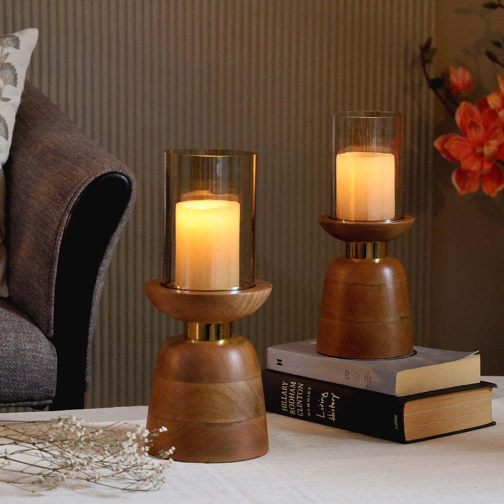 Luca Wooden Candlestand with Glass Hurricane Medium