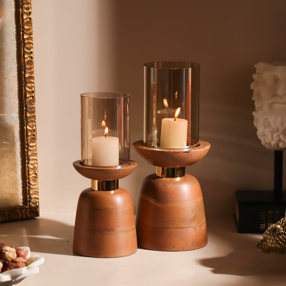 Luca Wooden Candlestand with Glass Hurricane Large