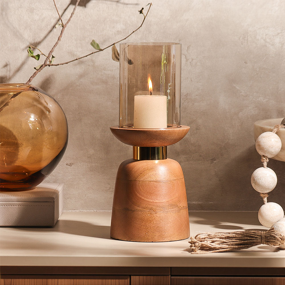 Luca Wooden Candlestand with Glass Hurricane Medium