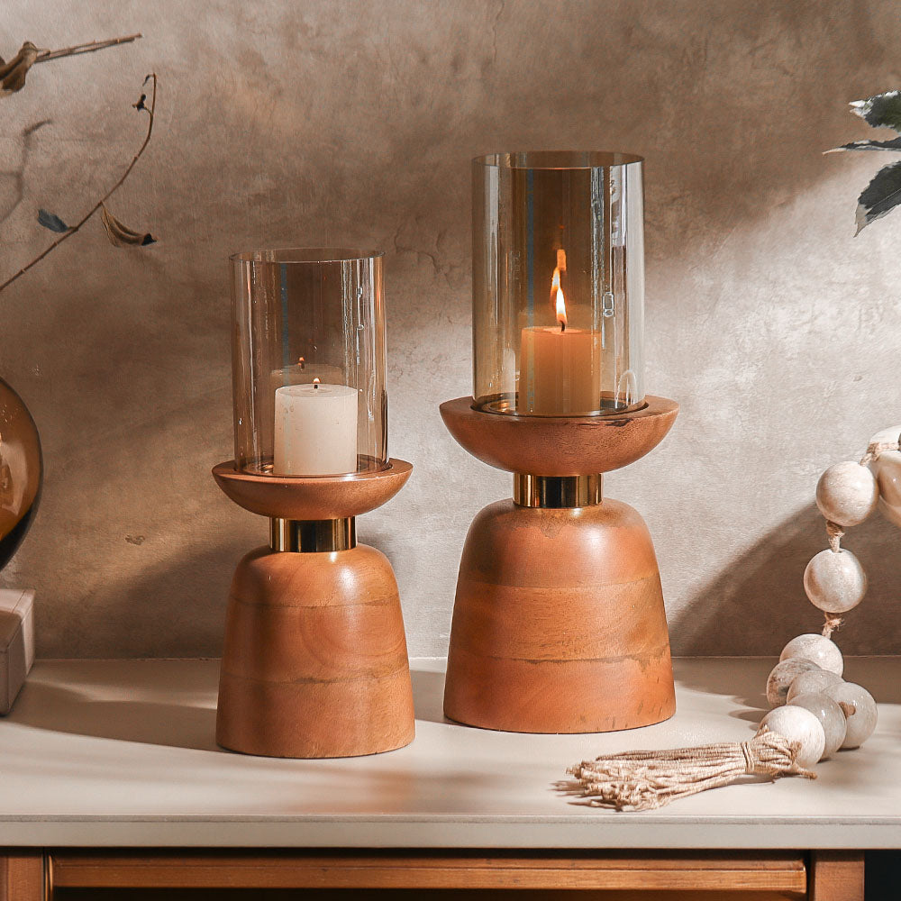 Luca Wooden Candlestand with Glass Hurricane Large