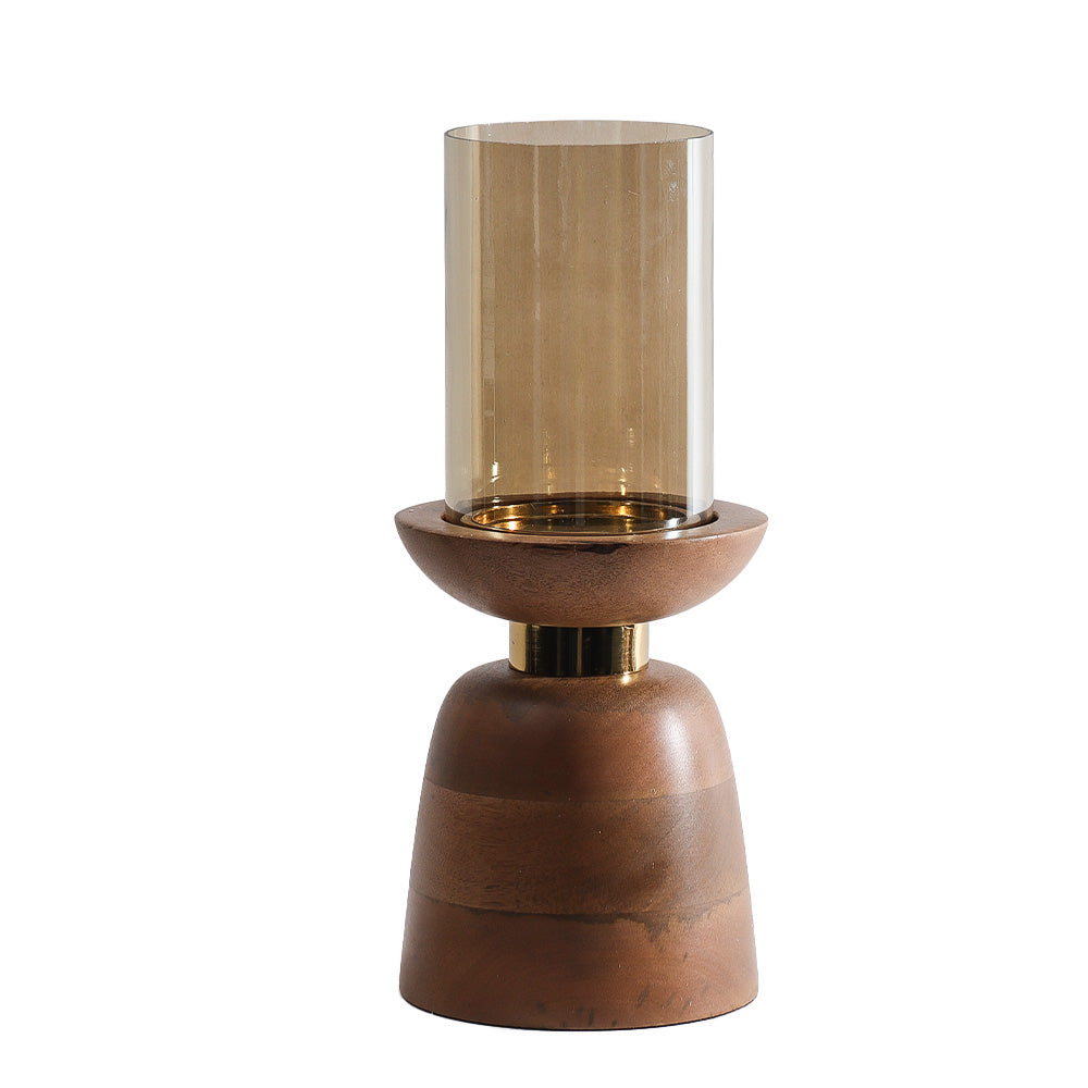 Luca Wooden Candlestand with Glass Hurricane Large