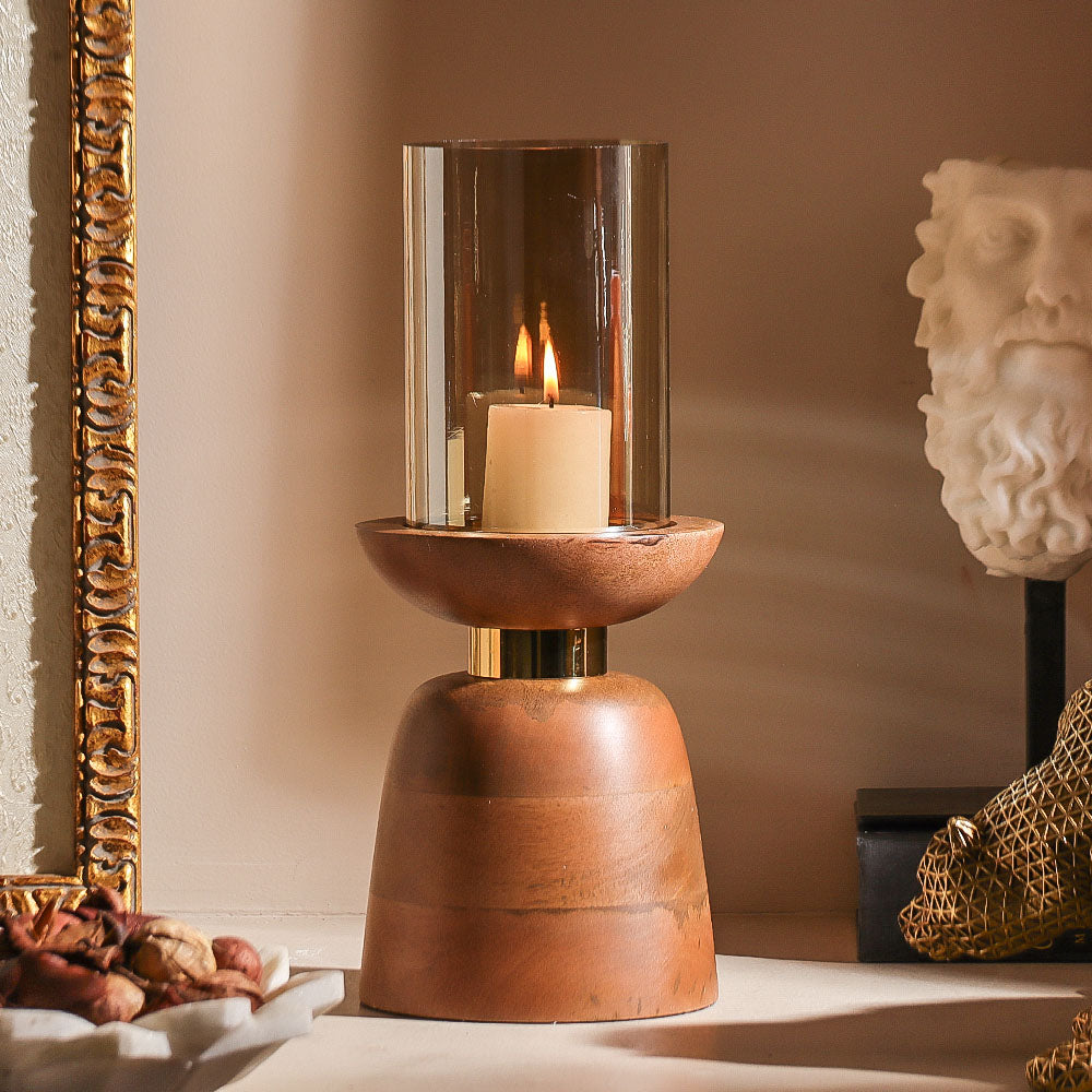 Luca Wooden Candlestand with Glass Hurricane Large