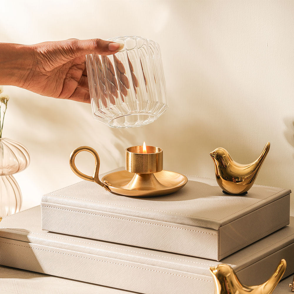 Diyah Metal & Glass Tealight Holder - Clear Gold