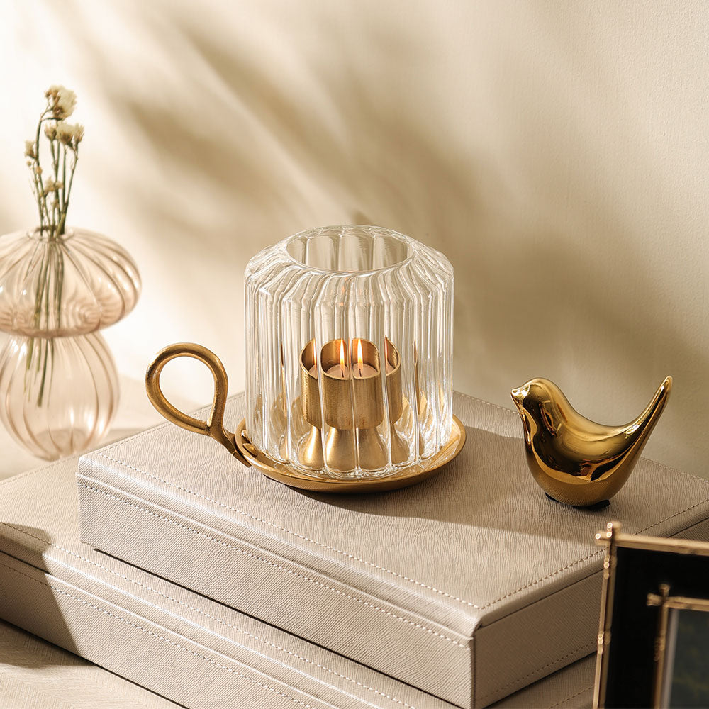 Diyah Metal & Glass Tealight Holder - Clear Gold