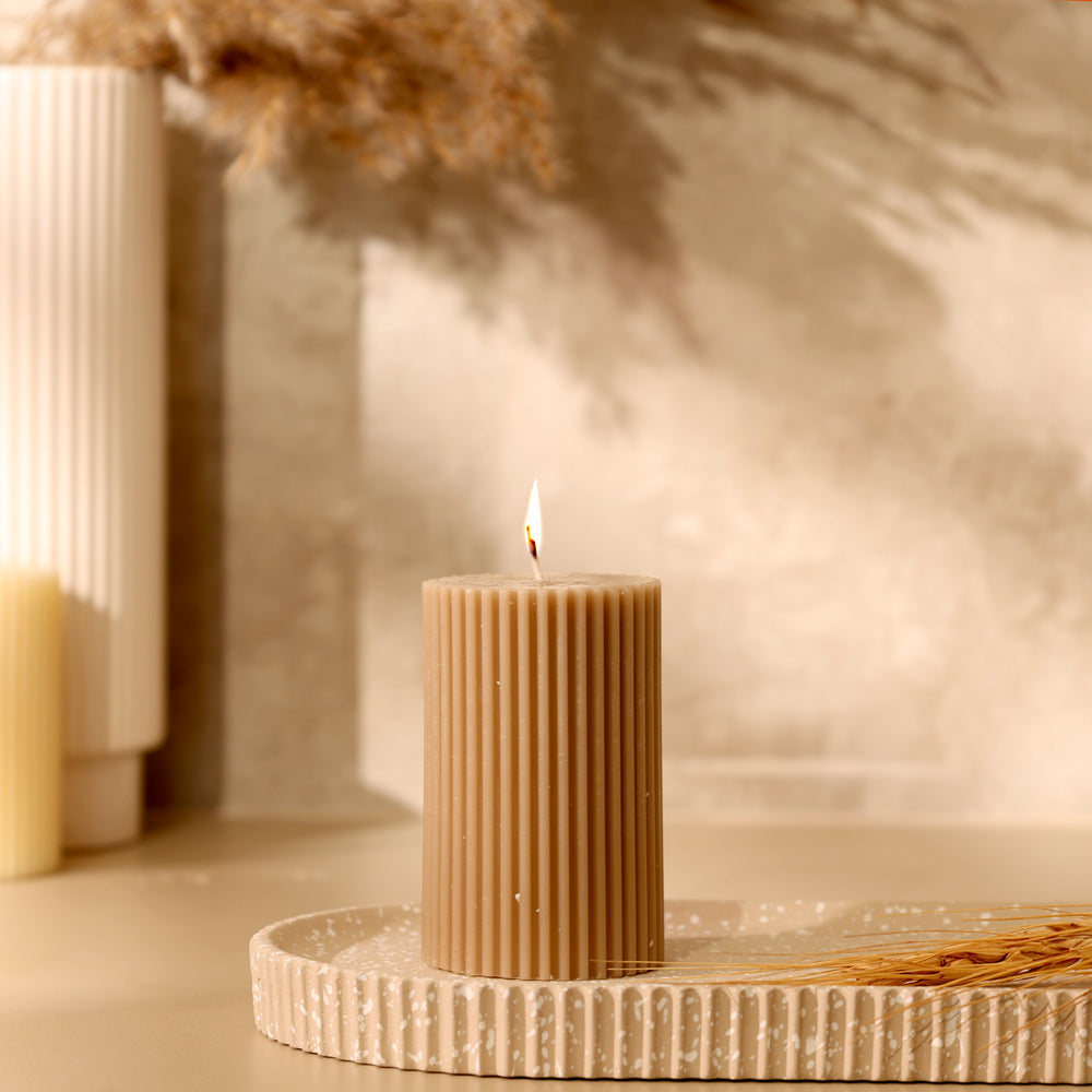 Fluted Column Candle Small - Taupe