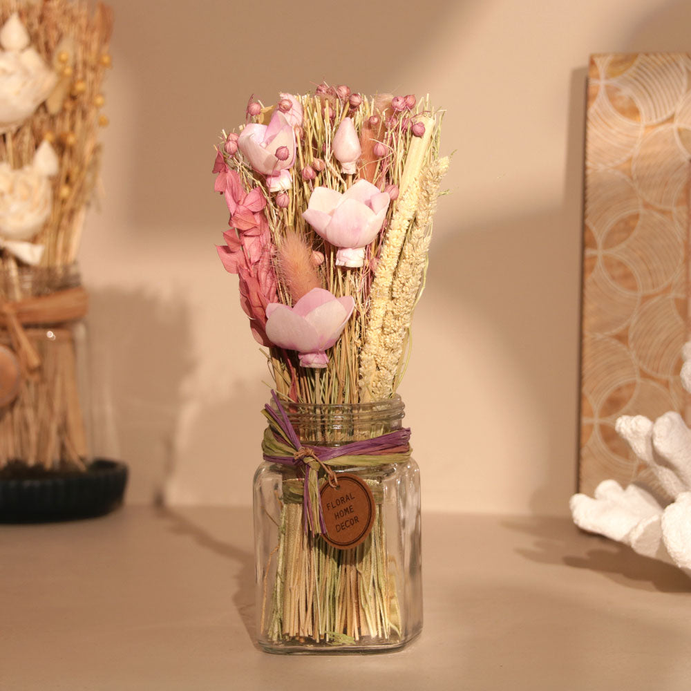 Lynn Dried Flowers Bouquet in Mason Jar - Pink Moss