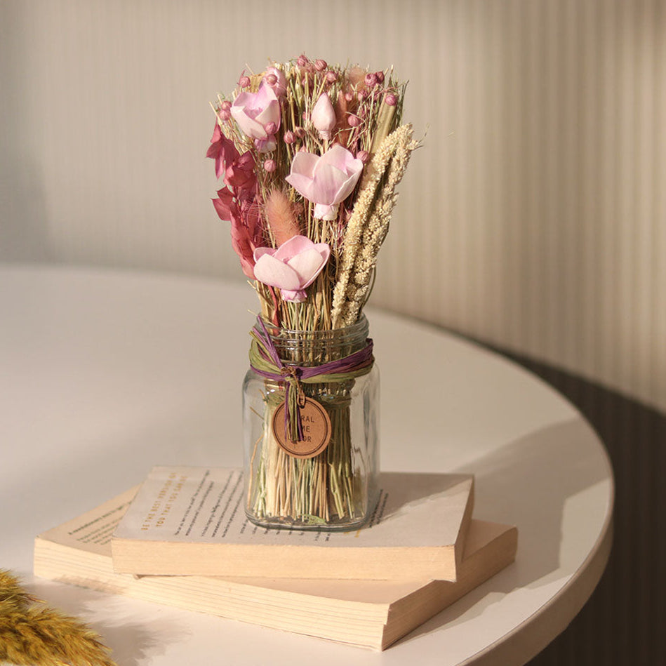 Lynn Dried Flowers Bouquet in Mason Jar - Pink Moss